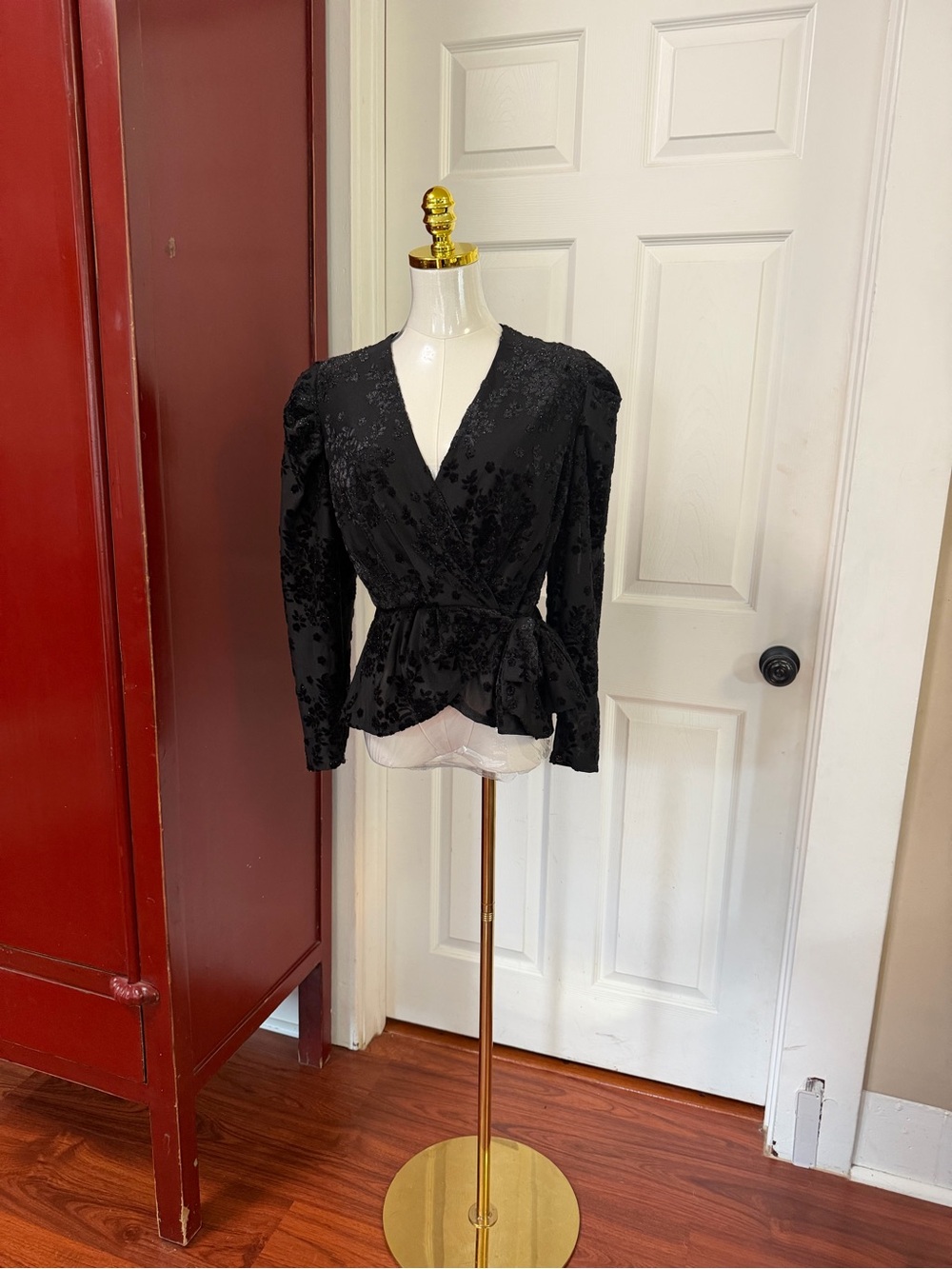 Adiva Black Floral Burnout Wrap Peplum Top